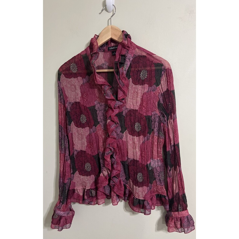 CLAUDIA EX MULTICOLORED FLORAL GRAPHIC PRINT RUFFLE BUTTON UP BLOUSE SIZE 8
